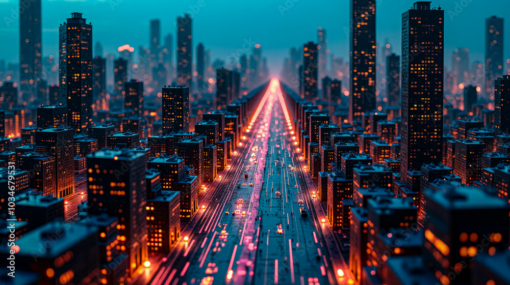 Obraz premium The city sparkles as twilight approaches, with glowing lights reflecting off bustling skyscrapers and a busy highway filled with moving vehicles, creating a lively urban atmosphere