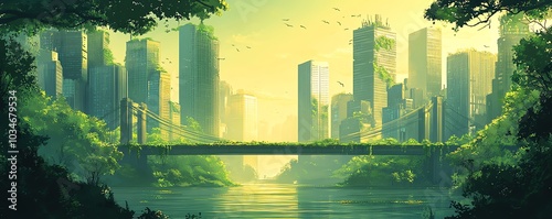 Vibrant green city illustration depicting a harmonious blend of modern urban architecture and lush greenery, representing a sustainable future where nature and cities coexist #1034679534