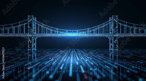 The scene features a stylized bridge glowing with blue lights, symbolizing technological advancements and connectivity in urban settings during the night