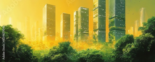 Vibrant green city illustration depicting a harmonious blend of modern urban architecture and lush greenery, representing a sustainable future where nature and cities coexist #1034679546