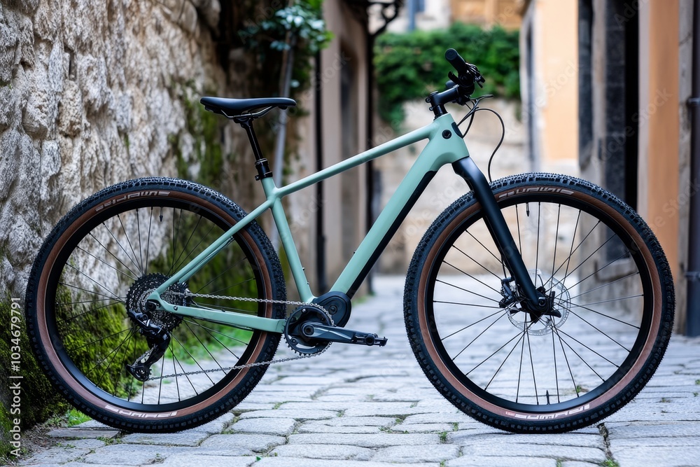 A minimalist ash green bicycle, parked next to an old stone wall in a European alley A minimalist ash green bicycle, parked next to an old stone wall in a European alley