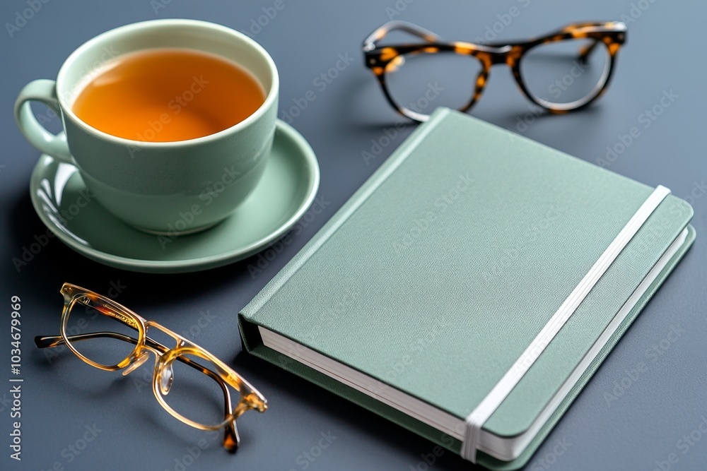 A notebook with an ash green cover, lying next to a cup of tea and a pair of reading glasses A notebook with an ash green cover, lying next to a cup of tea and a pair of reading glasses