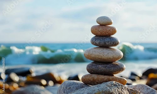 A serene stack of stones on a beach, symbolizing balance and tranquility by the ocean.