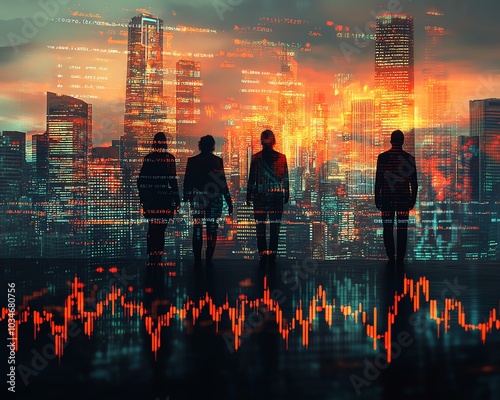 Artistic double exposure of businesspeople silhouettes against a city skyline, highlighted by a glowing forex chart, embodying finance and teamwork themes photo