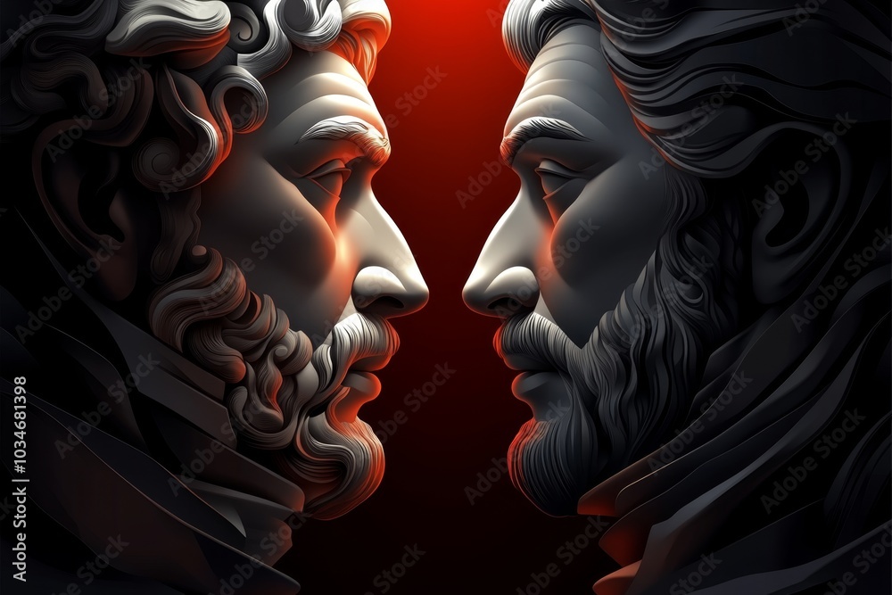 A retro-style poster showing a philosophical debate, with bold typography and muted tones A retro-style poster showing a philosophical debate, with bold typography and muted tones