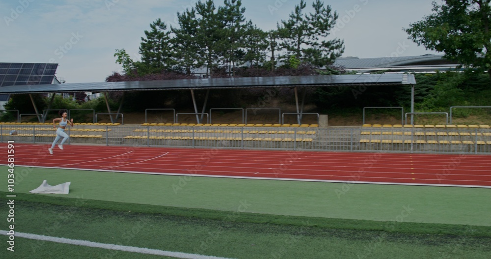 Obraz premium A woman in sports clothes runs at speed in the stadium, side view. Summer day