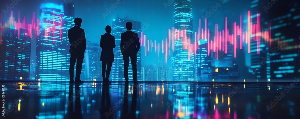 Silhouetted business professionals in a dynamic cityscape with a luminous forex chart overlay, representing finance, leadership, and partnership concepts Silhouetted business professionals in a dynamic cityscape with a luminous forex chart overlay, representing finance, leadership, and partnership concepts