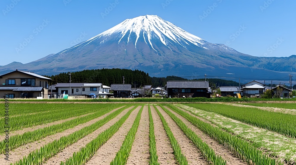 Fototapeta premium Mount Fuji View with Green Fields and Houses in Japan