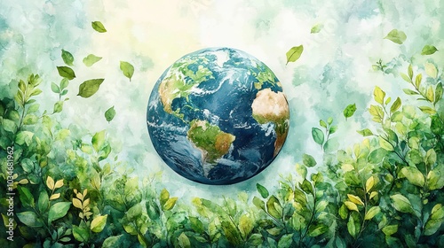 watercolor painting of earth surrounded by green leaves symbolizing environmental conservation and the importance of protecting our planet.illustration