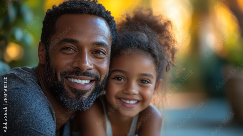 A smiling father and his young daughter are enjoying a tender moment outdoors, surrounded by greenery, capturing the joy of their bond during sunset. A smiling father and his young daughter are enjoying a tender moment outdoors, surrounded by greenery, capturing the joy of their bond during sunset.