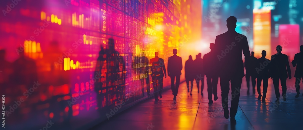 Vibrant silhouettes of business professionals overlaid on a luminous city background, featuring a glowing forex chart, encapsulating teamwork and leadership concepts