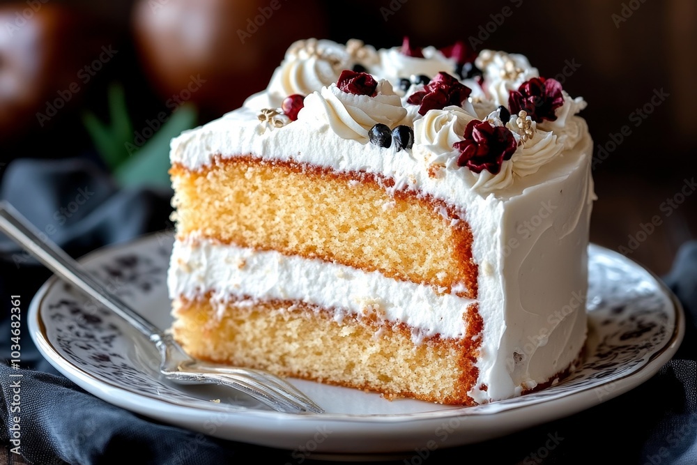 A slice of buttercream-frosted cake, with elegant floral decorations, resting on a porcelain plate
