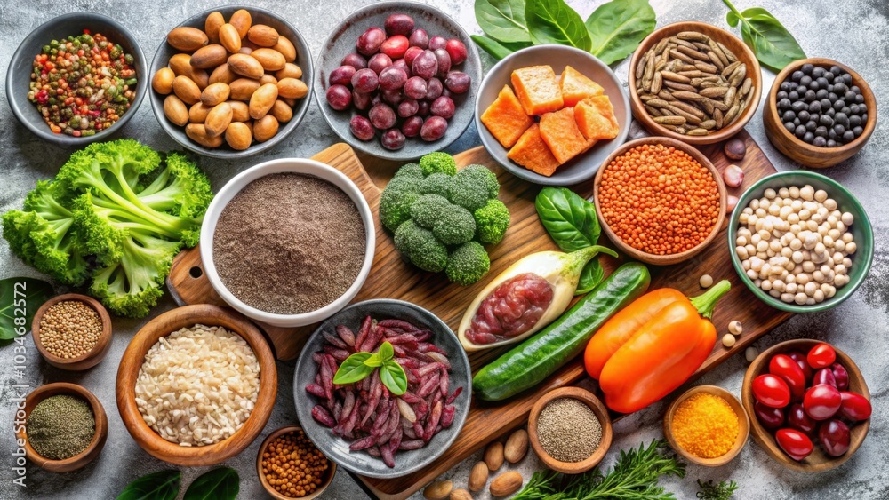 Assortment of iron-rich foods for a healthy diet, liver, beef, blood sausage, eggs, rye bread Assortment of iron-rich foods for a healthy diet, liver, beef, blood sausage, eggs, rye bread