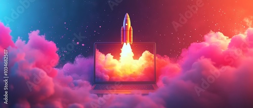 Artistic design of a laptop with a vibrant rocket launch graphic, representing startup growth, set against a colorful abstract background for visual impact photo