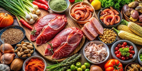 A close-up image of various high purine foods including organ meats, shellfish, and certain vegetables, high purine, gout