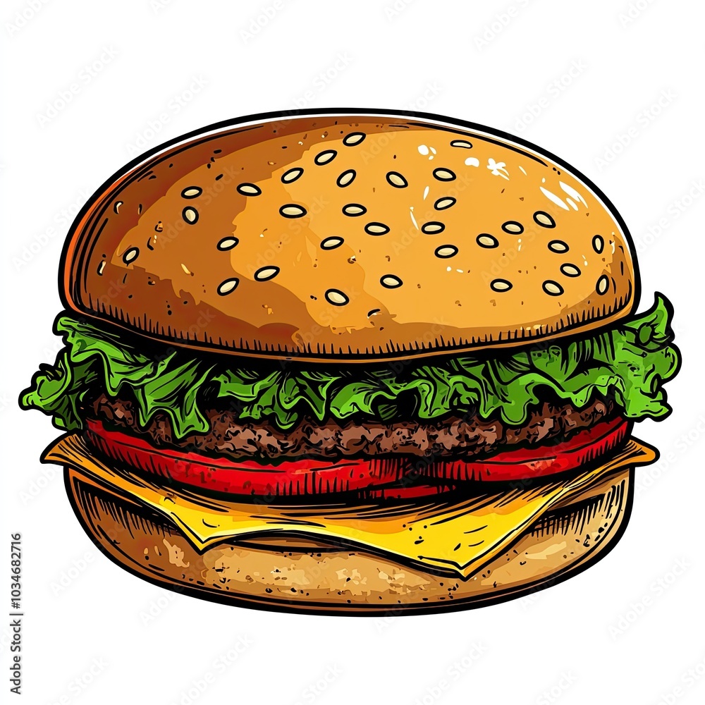 A Cartoon Illustration of a Sesame Seed Bun Burger with Lettuce, Tomato, and Cheese A Cartoon Illustration of a Sesame Seed Bun Burger with Lettuce, Tomato, and Cheese