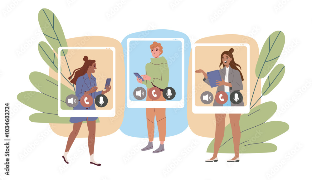 Fototapeta premium People with video call. Man and women communicate on social networks and instant messengers. Video call and conference online. Flat vector illustration isolated on white background