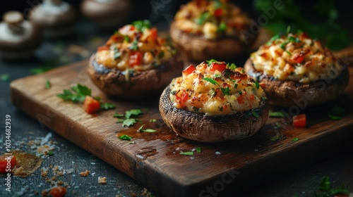 Five appetizing stuffed mushrooms, photo