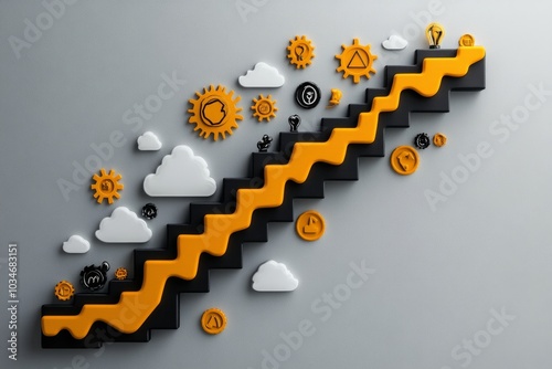 A staircase representing the progression from thesis to antithesis to synthesis, with symbols at each level