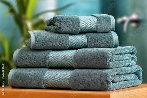 A stack of folded towels in shades of ash green, neatly arranged on a shelf in a bathroom