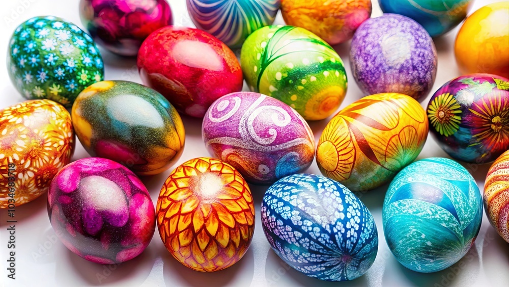 A Cluster of Vibrant, Hand-Painted Easter Eggs Displaying a Festive Array of Colors and Designs A Cluster of Vibrant, Hand-Painted Easter Eggs Displaying a Festive Array of Colors and Designs