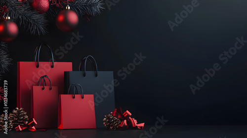 Elegant display of red and black shopping bags on dark background with copy space on right. Black Friday deals, holiday promotions or seasonal sales
