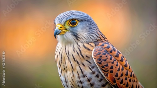 A Close-Up Portrait of a Bird of Prey with Intricate Feather Patterns Against a Warm, Blurred Background