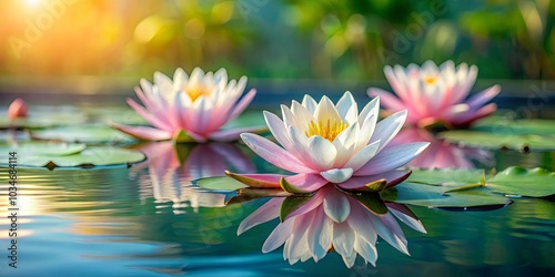 Wallpaper Mural Water Lily Reflection in a Serene Pond with Soft Sunlight and Lush Green Foliage Torontodigital.ca