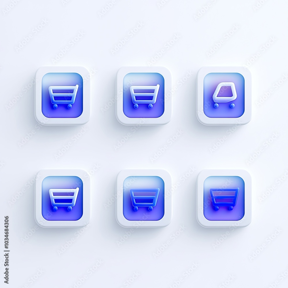 Six White Square Buttons with Blue Gradient and Shopping Cart Icons Six White Square Buttons with Blue Gradient and Shopping Cart Icons