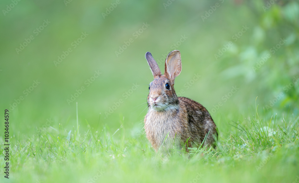 Fototapeta premium wild rabbit on the grass with a green blurry background