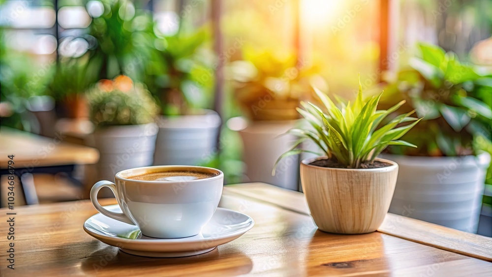 A steaming cup of coffee on a wooden table surrounded by lush greenery, bathed in warm sunlight, inviting a moment of relaxation and tranquility. A steaming cup of coffee on a wooden table surrounded by lush greenery, bathed in warm sunlight, inviting a moment of relaxation and tranquility.
