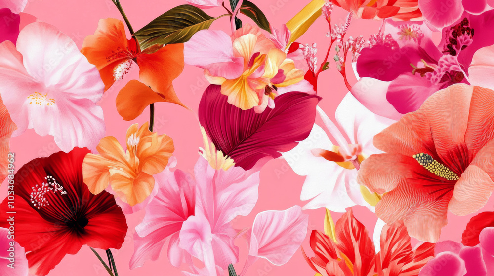 3D flowers print and plants print in red pink peach colored exotic seamless patchwork pattern. fashion trendy silk satin banner background for fabric textile design wallpaper 3D flowers print and plants print in red pink peach colored exotic seamless patchwork pattern. fashion trendy silk satin banner background for fabric textile design wallpaper