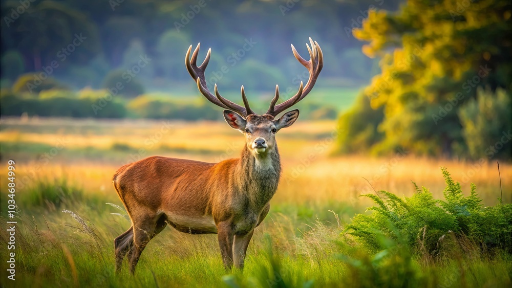 Obraz premium A Majestic Red Deer Buck Stands Tall in a Field of Golden Grass, His Antlers Spread Wide Against the Warm Hues of the Setting Sun
