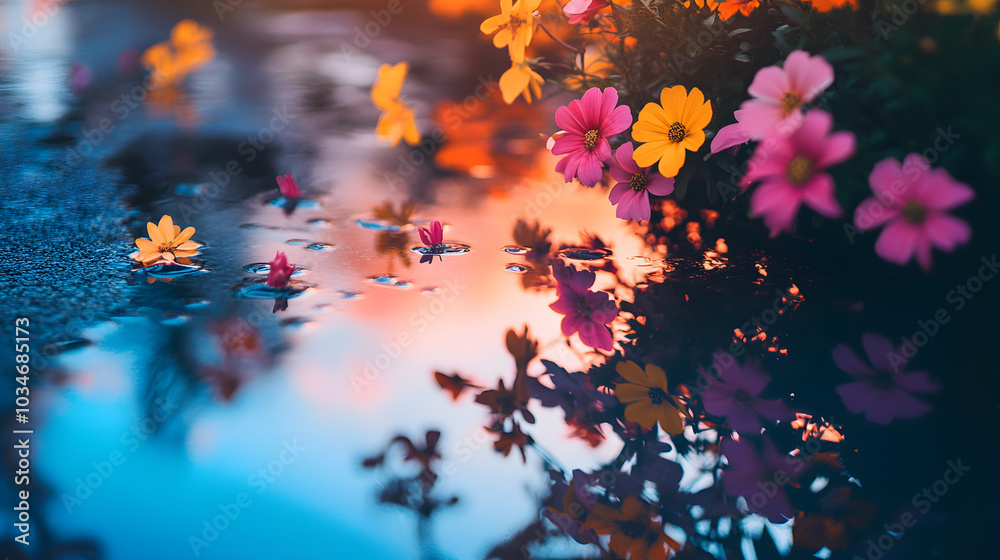 Vibrant Flowers and Reflections in Colorful Puddles Vibrant Flowers and Reflections in Colorful Puddles