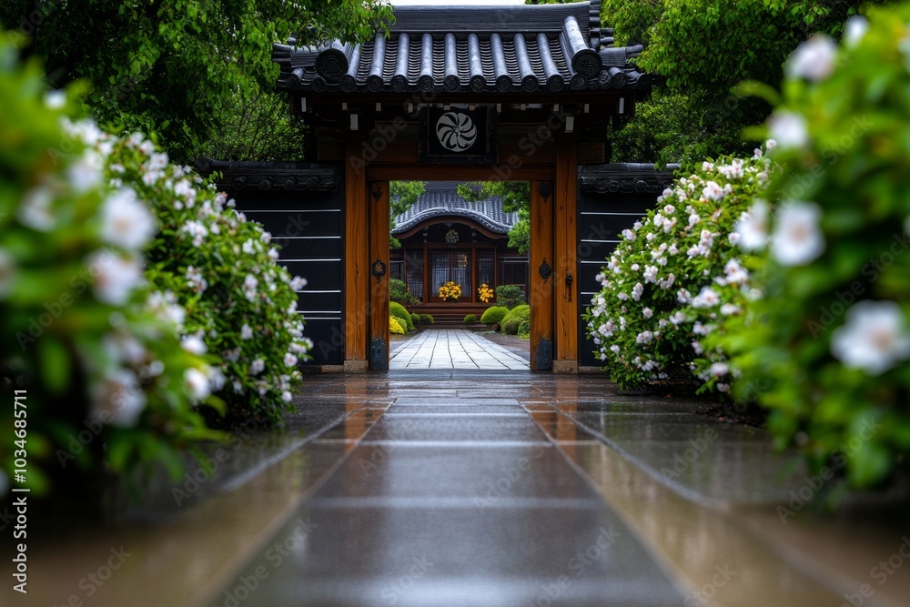 Obraz premium An old Japanese garden gate framed by blooming Kerria Japonica bushes, creating a serene, inviting scene