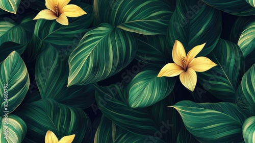 Garden flower featuring broad green leaves adorned with yellow stripes appears vibrant in the morning light photo