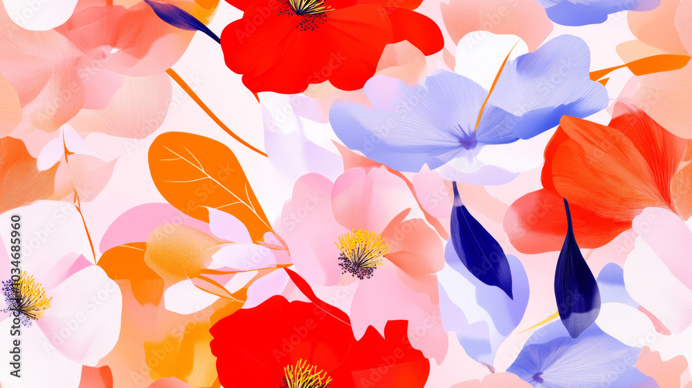 3D flowers print and plants print in red pink white blue pastel colored exotic seamless patchwork pattern. fashion trendy silk satin banner background for fabric textile design wallpaper 3D flowers print and plants print in red pink white blue pastel colored exotic seamless patchwork pattern. fashion trendy silk satin banner background for fabric textile design wallpaper