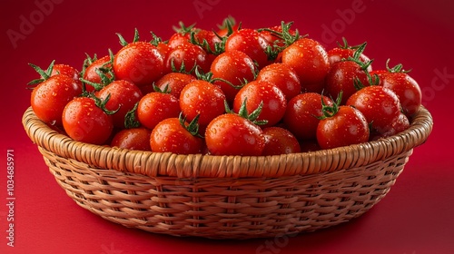 A basket of fresh, red cherry tomatoes on a red background.