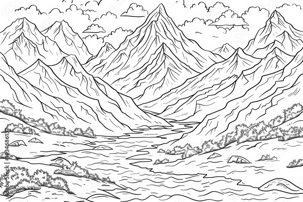 Fototapeta premium Coloring book illustration of a snowy mountain landscape with peaks and valleys