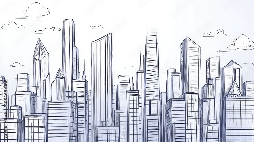 Line art illustration of a contemporary urban skyline featuring towering skyscrapers Line art illustration of a contemporary urban skyline featuring towering skyscrapers