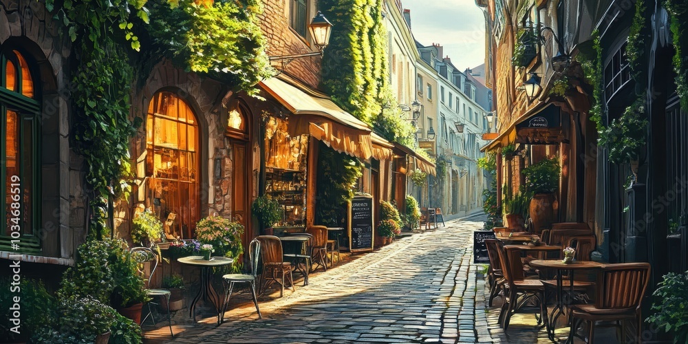 Fototapeta premium Cobblestone street lined with cafes and greenery.