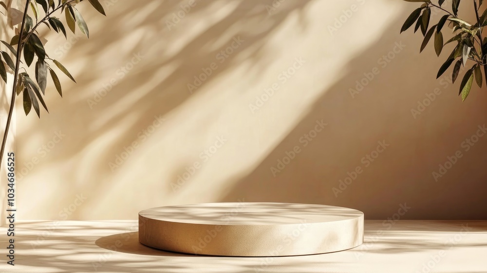 Empty brown and beige studio with leaf shadows for product display Seasonal backdrop Cosmetic exhibition 3D rendering Empty brown and beige studio with leaf shadows for product display Seasonal backdrop Cosmetic exhibition 3D rendering