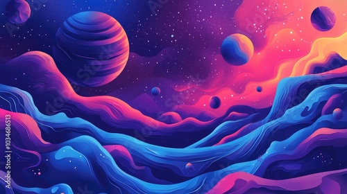 Colorful graphics for background portraying a black hole in a 3D cartoon rendering evokes the beauty of deep space with elements resembling water waves clouds and the night sky showcasing the univ photo