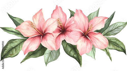 Elegant pink flower watercolor illustration with green leaves, showcasing natural beauty and softness, perfect for floral design and botanical art.