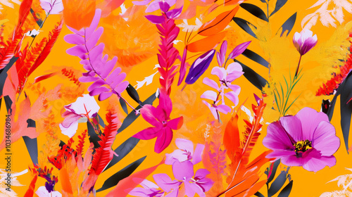 flowers print and plants print in orange pink purple magenta colored exotic seamless patchwork pattern. fashion trendy banner background for fabric textile design wallpaper