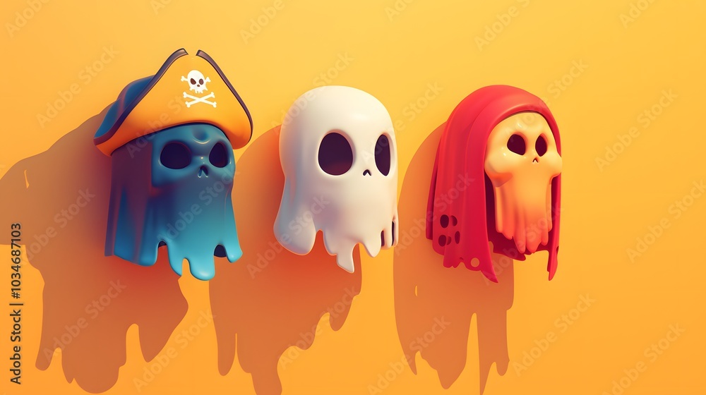 Three Cartoon Skulls on a Yellow Background. illustration for Happy Halloween series art background  