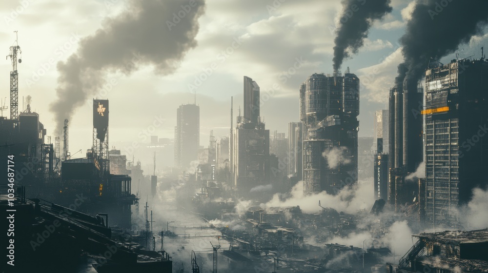 Smog-filled apocalyptic cityscape with tall buildings. Smog-filled apocalyptic cityscape with tall buildings.