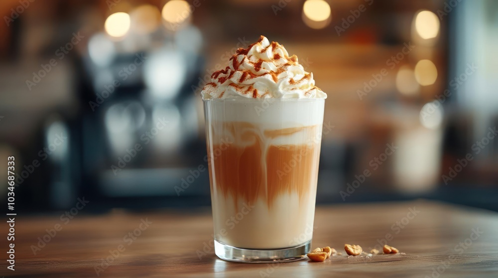 Flavored coffee drink with whipped cream and nuts, sitting on a table. Flavored coffee drink with whipped cream and nuts, sitting on a table.