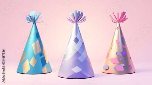 Three Colorful Party Hats on Pink Background.