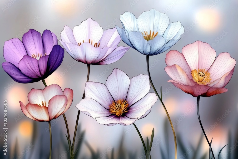 Illustrated botanical art of Yamabuki flowers, with intricate line work and soft pastel colors Illustrated botanical art of Yamabuki flowers, with intricate line work and soft pastel colors